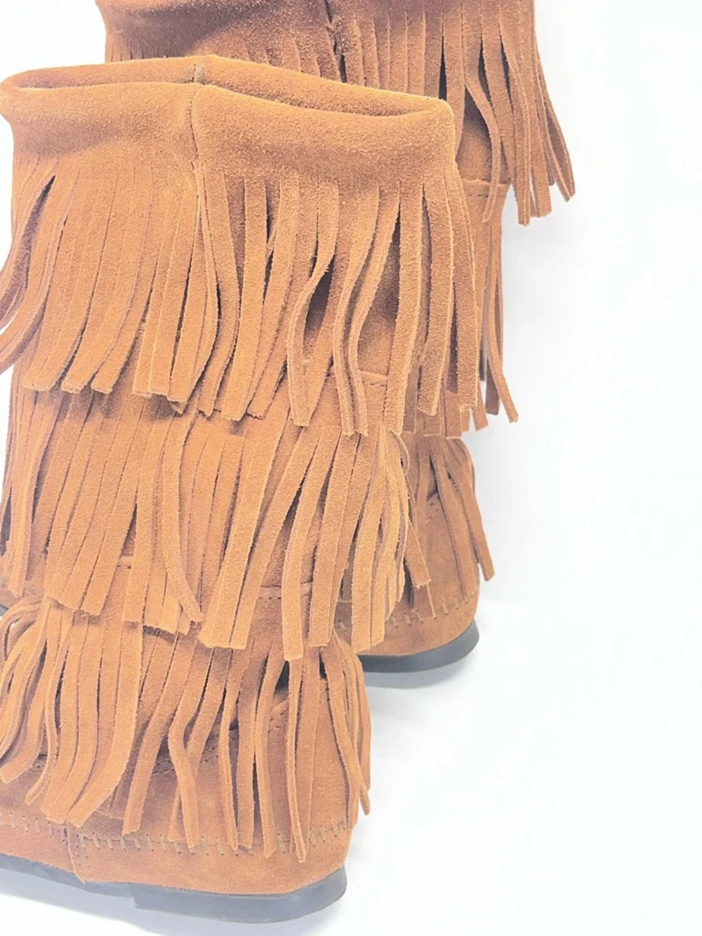 Minnetonka Triple Fringe Suede Moccasin Boots in Tan Brown Bohemian Boho - Picture 8 of 8